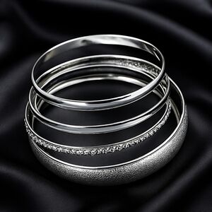 Set of 5 Textured Silver tone Bold Bangle Bracelets - Women's Fashion Jewelry